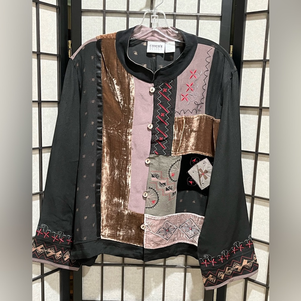 Chico’s Design Eclectic Silk / Velvet Patchwork Button Front Jacket - Size L